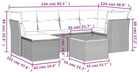 7 pcs conjunto de sofás p/ jardim com almofadões vime PE bege