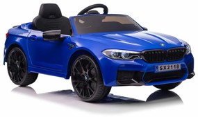 BMW M5, Carro elétrico para crianças 12 volts, módulo de música, assento de couro, pneus de borracha azul