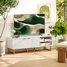Móvel de televisão 140 L x 39 P x 47 A cm para televisores até 70 polegadas — armário com 2 portas caneladas, compartimento aberto e passa cabo branco