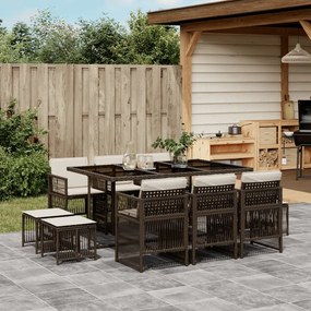 vidaXL 11 pcs conjunto jantar p/ jardim c/ almofadões vime PE castanho