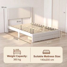 Cama Estofada 140x200 cm (COLCHÃO NÃO INCLUIDO) com Cabeceira Acolchoada Gaveta de Arrumação e Ripas de Madeira Bege