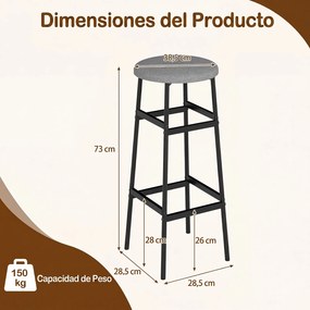 Conjunto de 2 Bancos de Bar Redondos, 33,5 x 73 cm, Assento Estofado, Cinzento