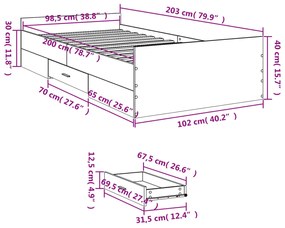 Estrutura de cama c/ gavetas 100x200 cm derivados madeira preto
