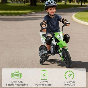 Mota elétrica para crianças 12V com rodas de treino removíveis e suspensão com molas Verde
