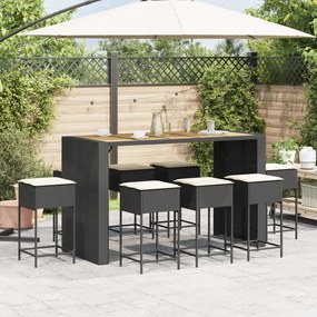 9 pcs conjunto de bar para jardim c/ almofadões vime PE preto