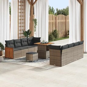 Conjunto de Sofás de Jardim de 11 Peças com Almofadas Cinzento Vime Sintético Acácia