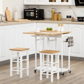 Conjunto de Mesa Alta de Bar e 2 Bancos com Rodas Mesa Dobrável de Cozinha com Bancos 86x75,5x83,5 cm Natural