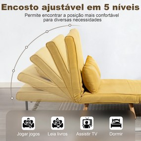 Sofá-Cama de 2 Lugares Dobrável Estofado em Linho com Encosto Ajustável em 5 Posições e 2 Almofadas Amarelo