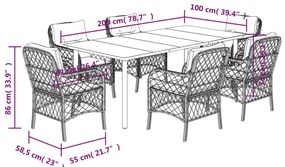 7 pcs conjunto de jantar p/ jardim com almofadões vime PE bege