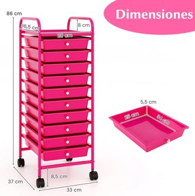 Carrinho multifuncional com rodas e 10 gavetas removíveis com estrutura metálica e gavetas empilháveis 33 x 37 x 86 cm Rosa escuro