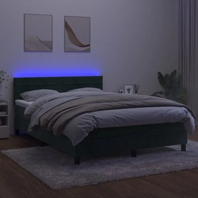 Cama box spring c/ colchão/LED 140x190 cm veludo verde-escuro