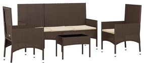 4 pcs conjunto lounge jardim c/ almofadões vime PE castanho