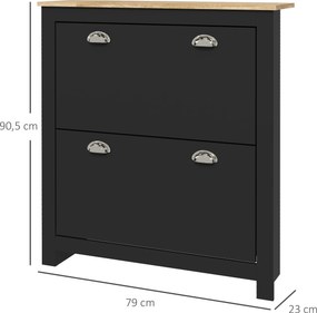 Sapateira com 2 portas basculantes 79 x 23 x 90,5 cm,, 2 compartimentos, puxadores em forma de concha em metal, preto e cor carvalho
