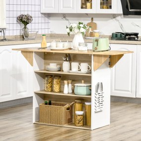 HOMCOM Móvel Ilha de Cozinha Carrinho de Cozinha com Laterais Abatíveis 3 Prateleiras Abertas e Suporte para Facas para Sala de Jantar Restaurante Estilo Moderno 140x55x91cm Carvalho e Branco