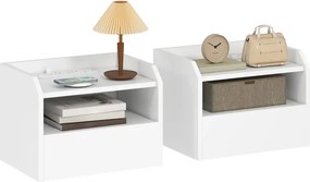 Conjunto de 2 Mesas de Cabeceira Flutuantes 40x29x29 cm com Estação de Carregamento Gaveta Prateleira Aberta Estilo Modernas Brancas