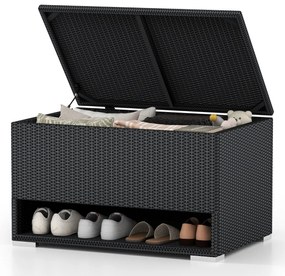 Caixa de armazenamento exterior de rattan com sapateira 95 x 60 x 58 cm com Forro protetor impermeável para Almofadas, terraço Varanda Preto