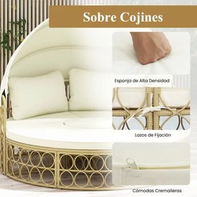 Cama redonda para Jardim exterior com toldo retrátil, assento seccional separado feito de vime PE com almofadas macias Bege