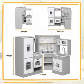 Cozinha de Madeira para Crianças com Sons Forno Lavatório Micro-Ondas Máquina de Gelo e Acessórios 110x80x91 cm Cinza