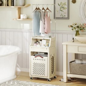 Cesto de roupa suja 40 x 29,5 x 136 cm com rodas e cabide dobrável de plástico multicamadas com cabide bege