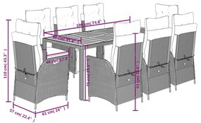 9 pcs conjunto de jantar p/ jardim c/ almofadões vime PE cinza