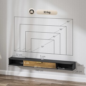 Móvel de TV suspenso com compartimentos abertos, porta rebatível e passacabos, 160 x 24 x 16 cm, cinzento
