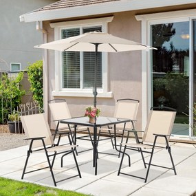 Conjunto de Móveis de Jardim com 4 Cadeiras Dobráveis Mesa de Jardim de Vidro e Chapéu de Sol Inclinável Proteção Solar para Pátio Terraço Exterior 80