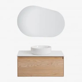 Conjunto De Móvel De Casa De Banho Em Madeira De Freixo Tedrik Castanho Fresno & Cerâmica Redonda Branca Ø40 Cm Lenka & Oval - Sklum