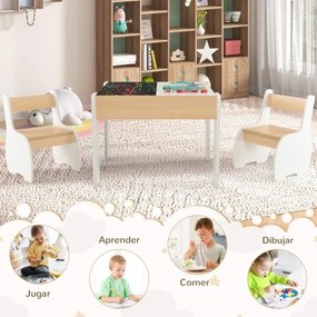 Conjunto de mesa e 2 cadeiras infantis de 3 peças com arrumação e quadro removível para sala de jogos e creche Branco