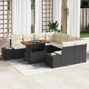 vidaXL Conjunto de Jantar para Jardim com 9 Peças e Almofadas Preto Polirattan Acácia