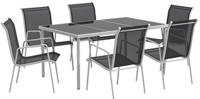 Outsunny Conjunto de Refeição 7 Peças com Mesa de Vidro Temperado e 6 Cadeiras Empilháveis com Apoio para os Braços Preto