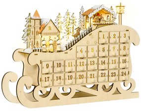 HOMCOM Calendário de Advento de Natal com Luzes LED e 24 Gavetas Decoração de Natal Modelo de Trenó 45x10x31cm Madeira Natural | Aosom Portugal