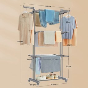 Estendal de roupa com 4 níveis, com abas dobráveis e rodas 63,5 x 128 x 173 cm cinzento