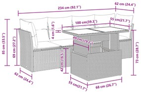 5 pcs conj. sofás jardim c/ almofadões vime PE cinzento-claro