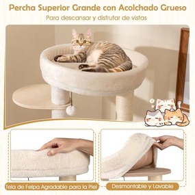 Arranhador para gatos 58 x 48 x 143 cm, com arranhadores de sisal, tapete e escada, brinquedo suspenso, almofada lavável para interior natural