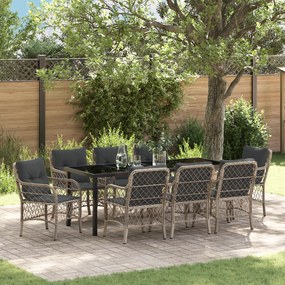 vidaXL Conjunto de Jantar de Jardim com 9 Peças e Almofadas Rattan Poliéster Cinza Claro