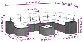 9 pcs conjunto sofás p/ jardim com almofadões vime PE cinzento
