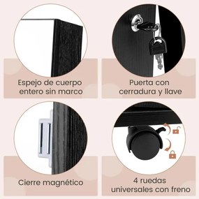 Armário para joias com fechadura 40 x 38 x 164 cm com Espelho de maquilhagem LED com 3 cores Prateleiras ajustáveis e rodas universais Preto