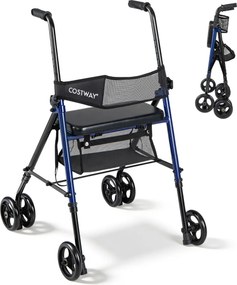 Andador para idosos com assento, pegas ajustáveis em 8 níveis, encosto em malha, bolsa de arrumação e rodas, preto + azul