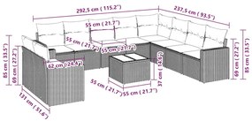 11 pcs conjunto sofás de jardim c/ almofadões vime PE cinzento
