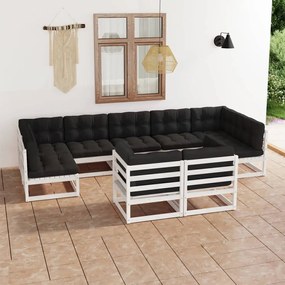vidaXL 9 pcs conj. lounge de jardim c/ almofadões pinho maciço branco