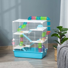 Gaiola para Hamster Grande 59x36x69 cm 4 Plataformas Tubos Comedouro Bebedouro 4 Rampas Roda de Exercícios e 2 Alças Multicolorido