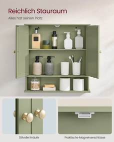 Armário de parede com espelho 13 x 56,5 x 58,5 cm com 2 portas espelhadas e compartimento aberto, para montagem na parede, verde salva