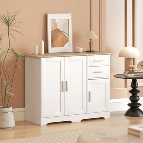 Aparador de sala, móvel de arrumação com 2 gavetas, 3 portas e prateleira ajustável, 100 x 40 x 78 cm, branco e madeira natural