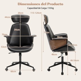 Cadeira de escritório ergonómica com encosto inclinável a 122°, braços, apoio lombar, rodas e altura ajustável - Preto