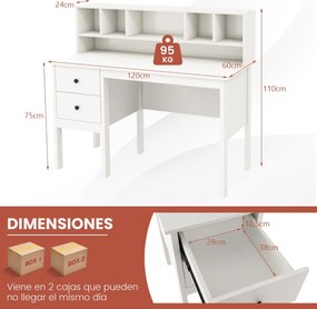 Secretária com 2 gavetas e estante com 5 cubículos 120 x 60 x 110 cm Branca