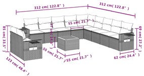 12 pcs conjunto de sofás p/ jardim com almofadões vime PE bege