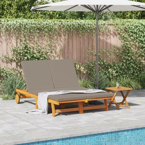 Chaise-longue dupla vidaXL com rodas e almofada de madeira maciça de acácia