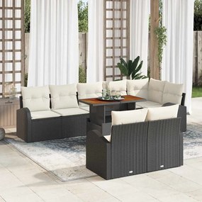 vidaXL Conjunto de Jantar para Jardim com 9 Peças - Almofadas de Rattan Preto e Madeira de Acácia.