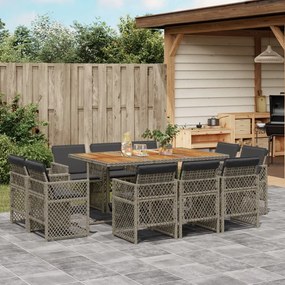 vidaXL 11 pcs conjunto jantar p/ jardim c/ almofadões vime PE cinzento