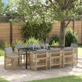 vidaXL Conjunto de Jantar de Jardim de 9 Peças com Almofadas Bege em Rattan Polipropileno